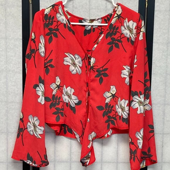 Urban Romantics V Neck Sheer Front Button Crop Tie Waist Bell Sleeve Top Red M - Picture 5 of 11